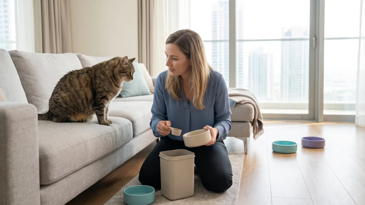 Pet-care scene illustrating build a measured feeding plan, not a crash diet
