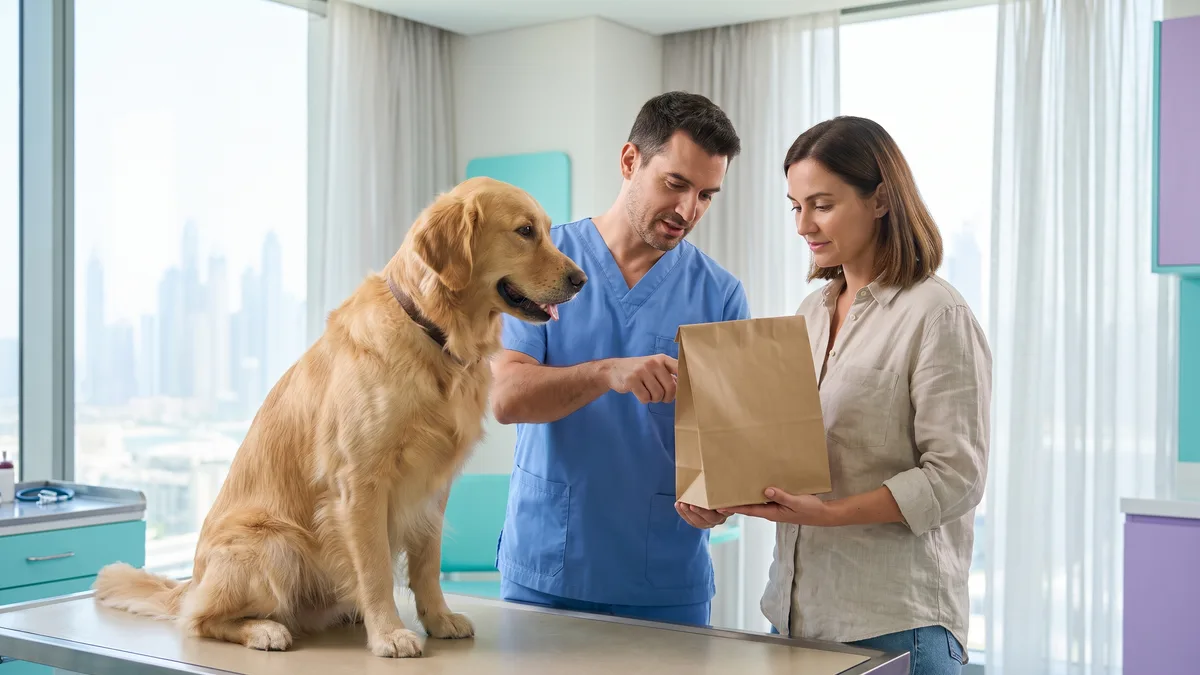 Pet-care scene illustrating how to read a pet food label in dubai