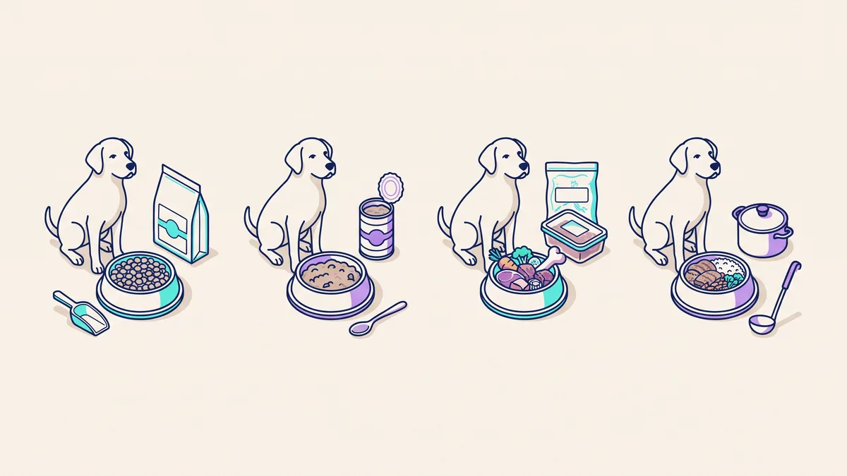 Veterinary illustration explaining dry, wet, raw or home-cooked: how do they compare?