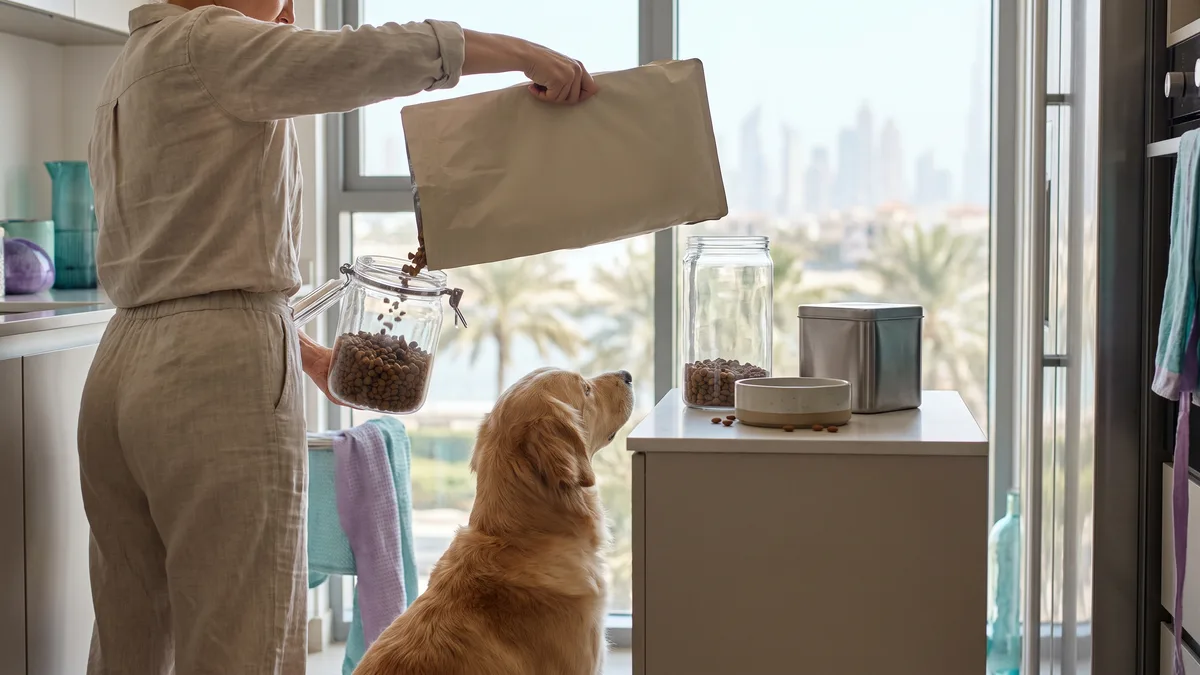Pet-care scene illustrating store pet food safely in dubai heat