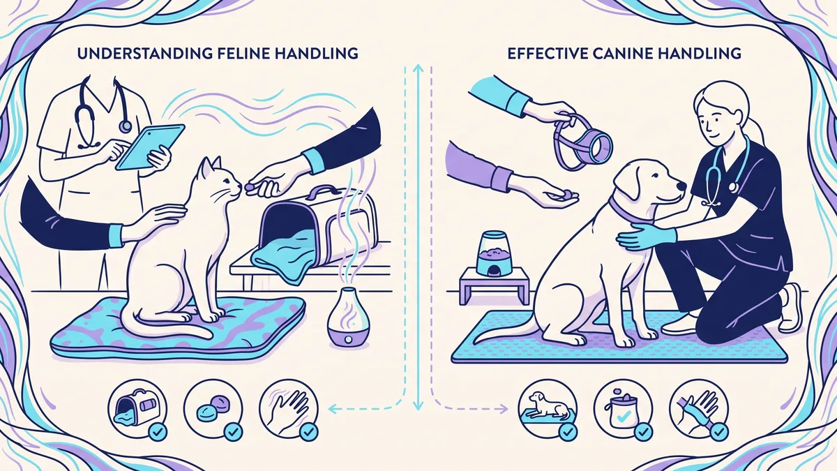 Veterinary illustration explaining what does good handling look like for dogs and cats?