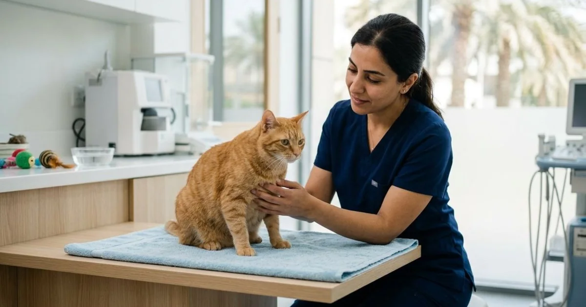 Veterinarian examining a cat with possible diabetes symptoms in Dubai