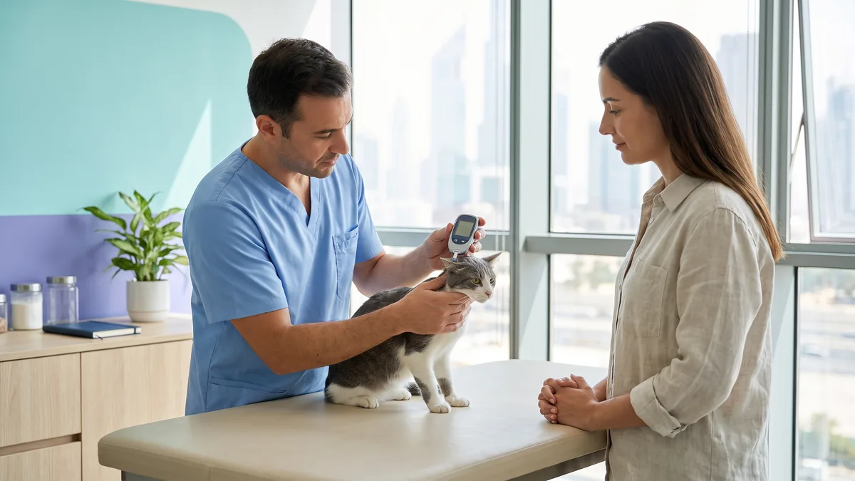 Pet-care scene illustrating how does a veterinarian confirm feline diabetes?