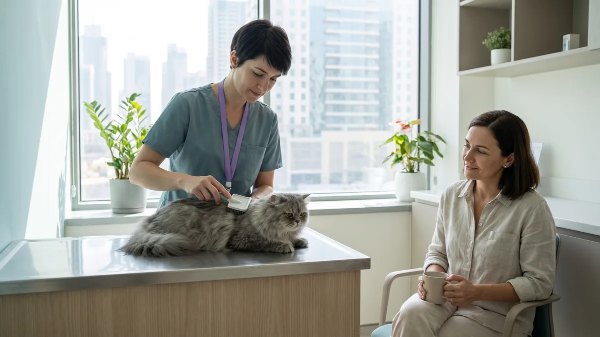 Pet-care scene illustrating how often does a cat need grooming?