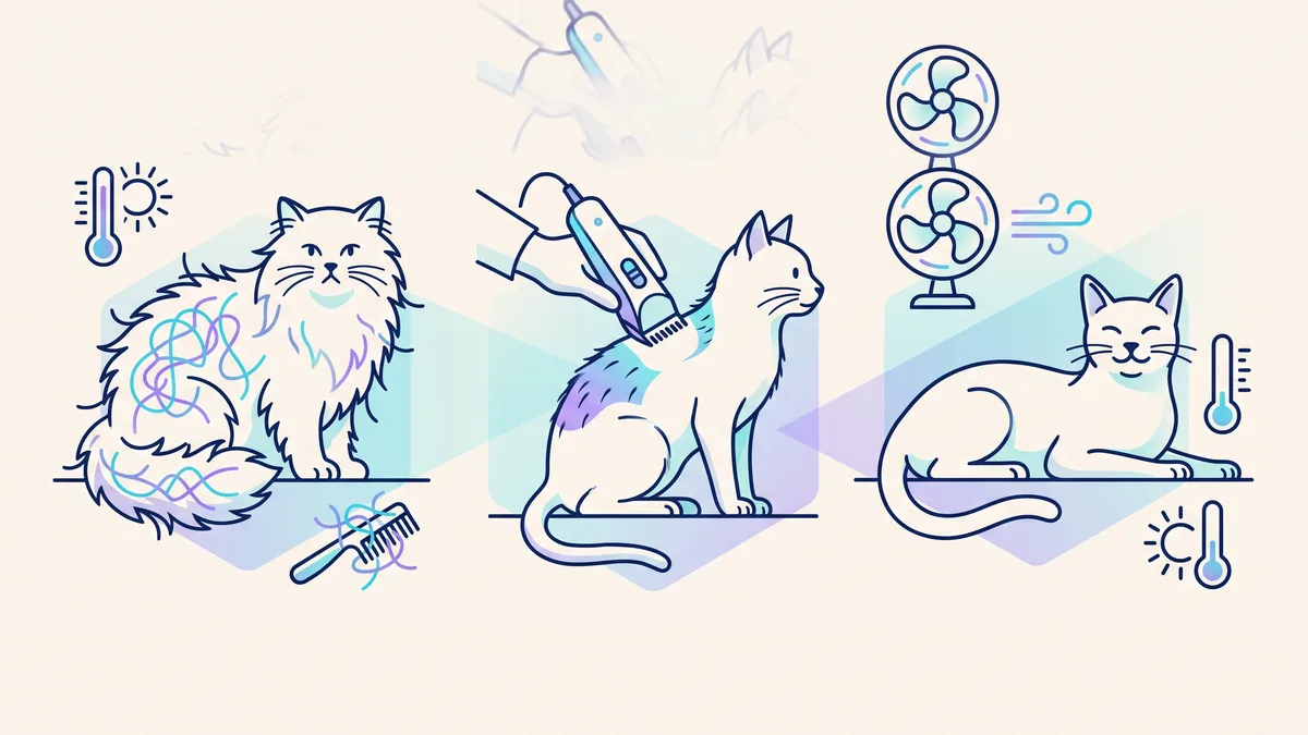 Veterinary illustration explaining mats, shaving and dubai heat