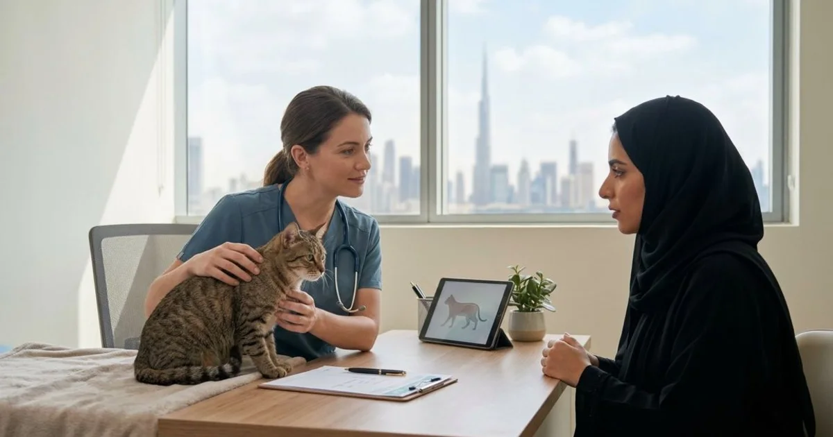 Veterinarian assessing a cat for kidney disease symptoms in Dubai