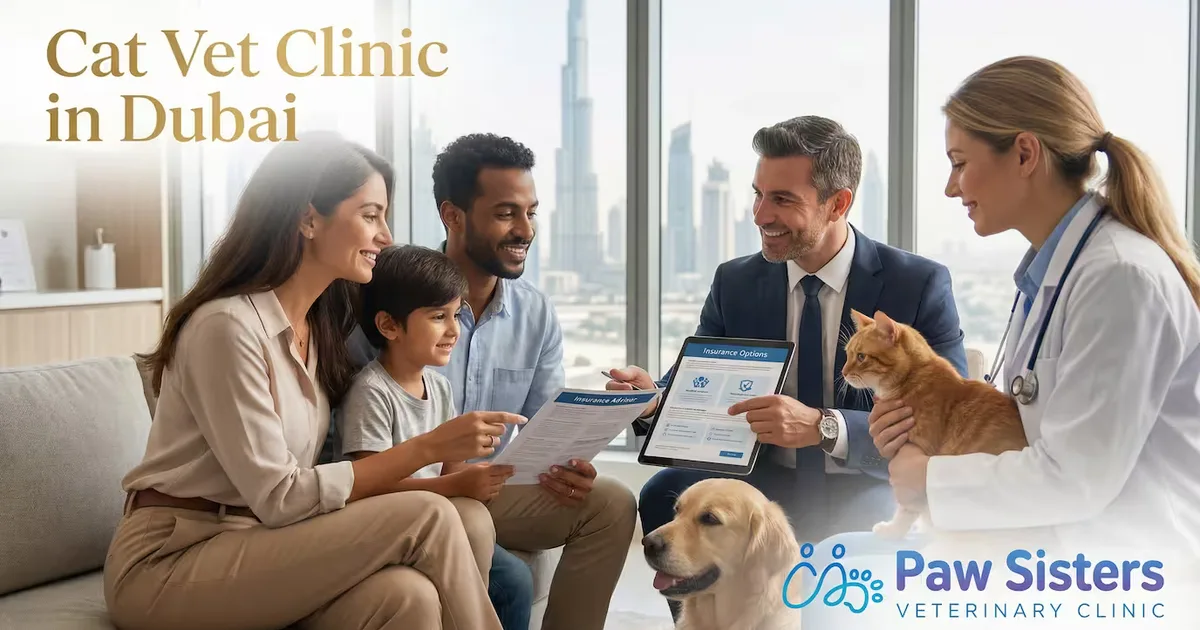 Family discussing cat care with a veterinarian in a Dubai clinic
