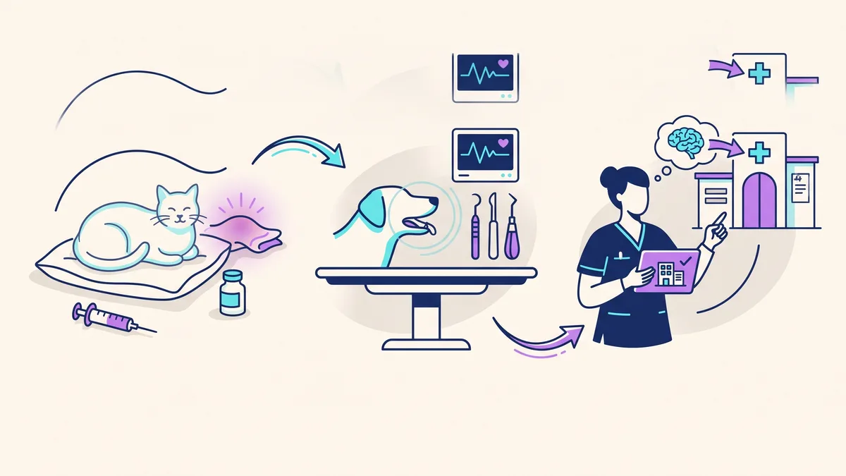Veterinary illustration explaining pain control, extractions, and referral planning