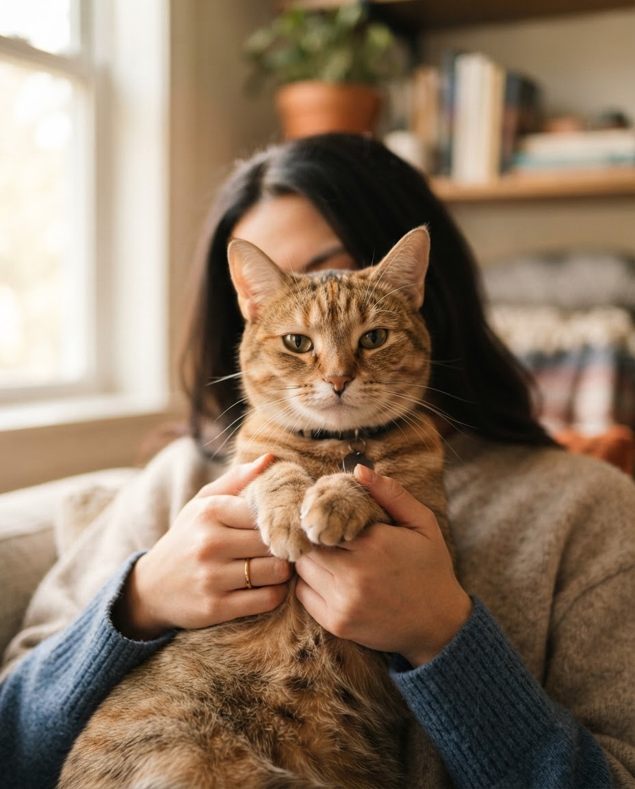 A calico cat being gently examined during a checkup at a veterinary clinic in Dubai