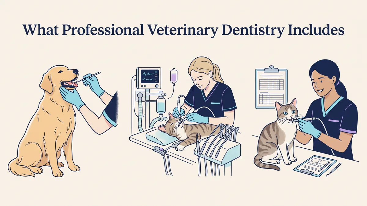 Veterinary illustration explaining what professional veterinary dentistry includes