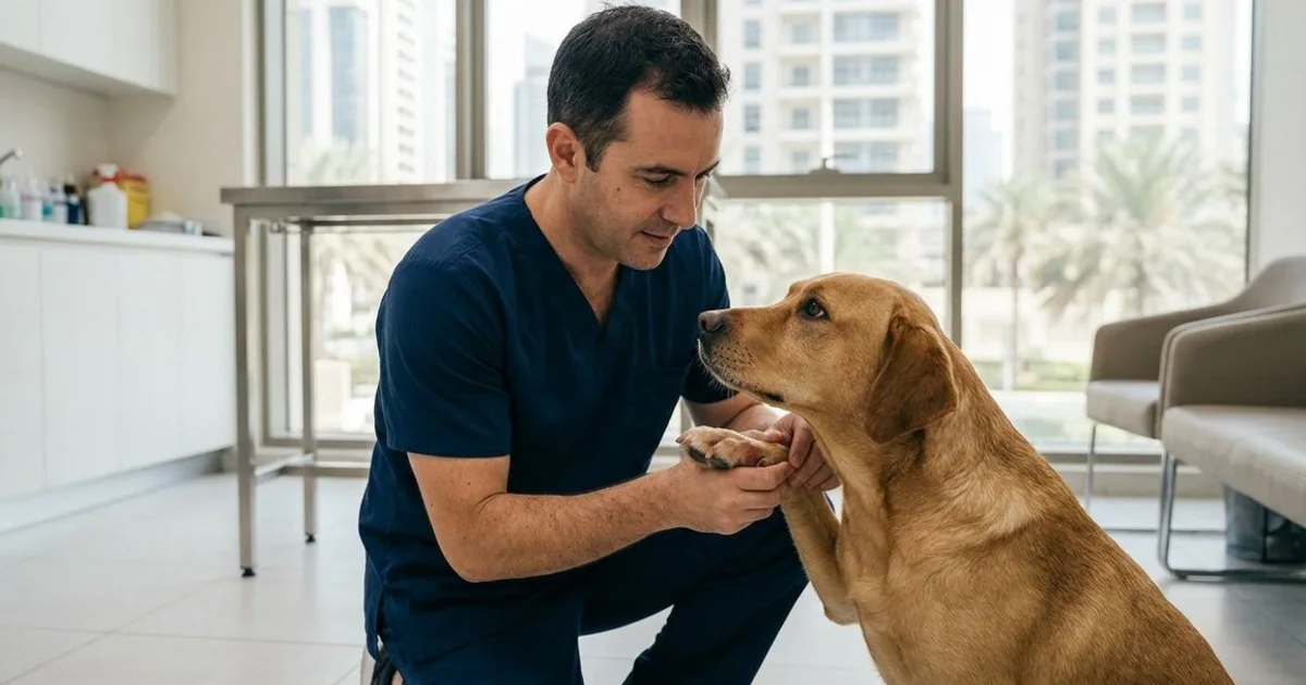 Veterinarian examining a dog's front paw in a bright Dubai clinic