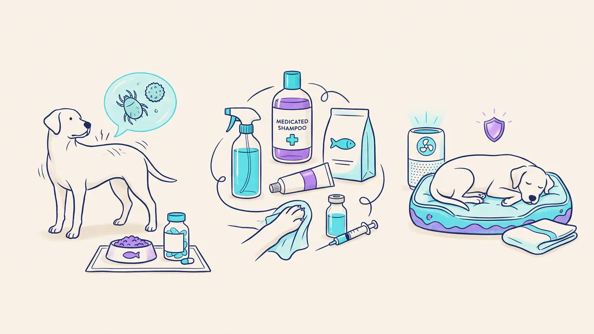 Veterinary illustration explaining what dog skin allergy treatment may include