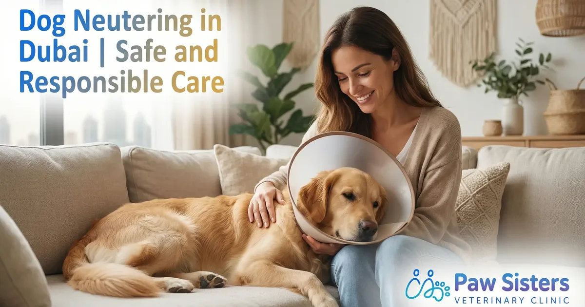 Dog wearing a recovery collar and resting with its owner after neutering