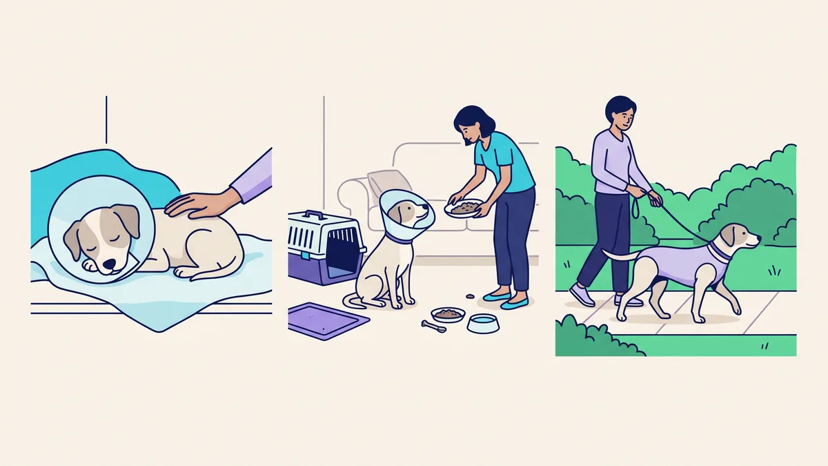 Veterinary illustration explaining dog neutering aftercare by stage