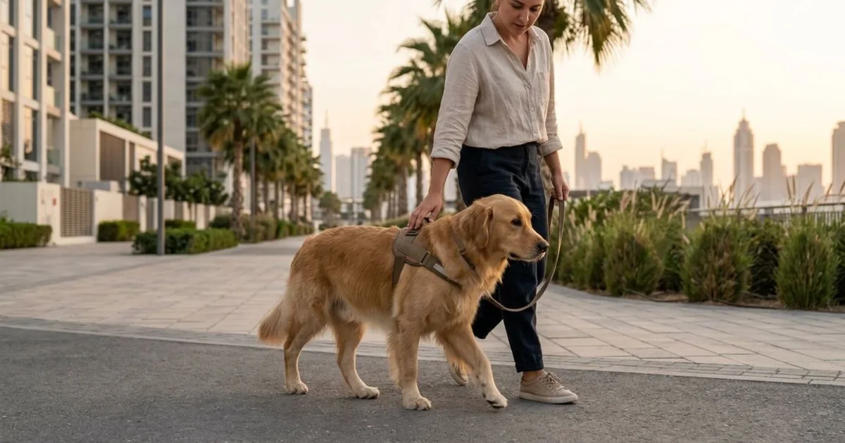 Woman walking a golden retriever on a paved Dubai route near sunset