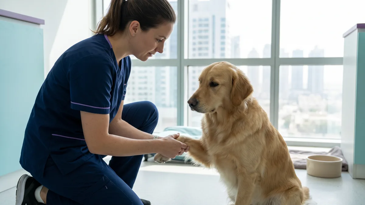 Pet-care scene illustrating a go, shorten or stop walk check