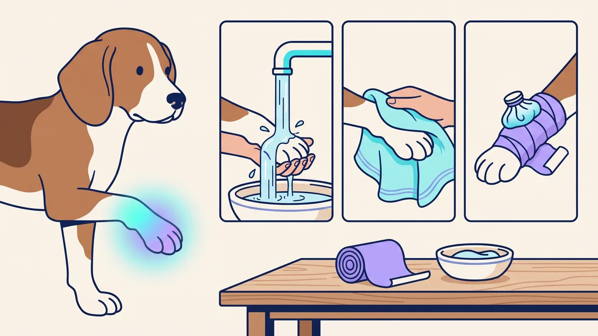 Veterinary illustration explaining first aid for a suspected paw burn