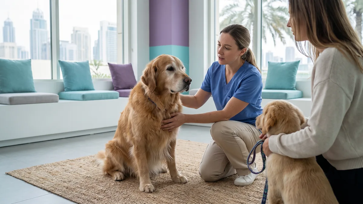 Pet-care scene illustrating how does care change from puppy to senior dog?