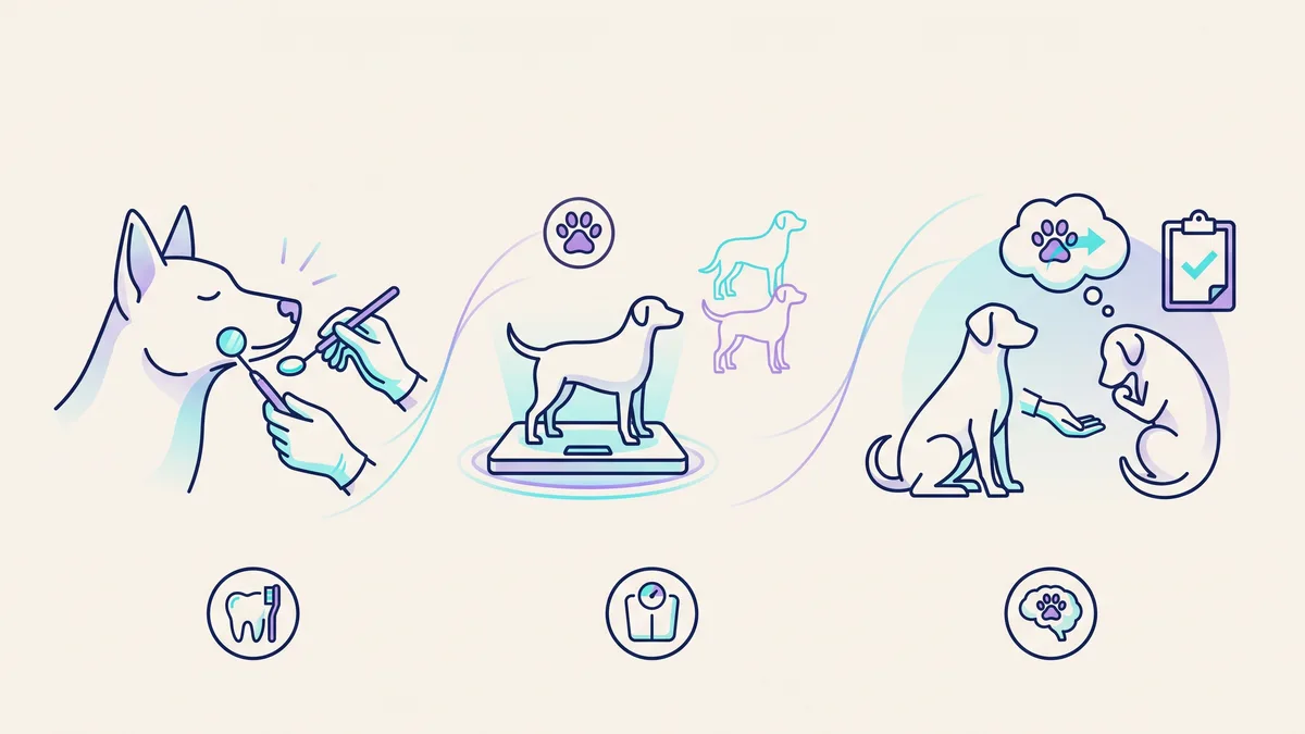 Veterinary illustration explaining why do teeth, weight and behaviour matter at a checkup?