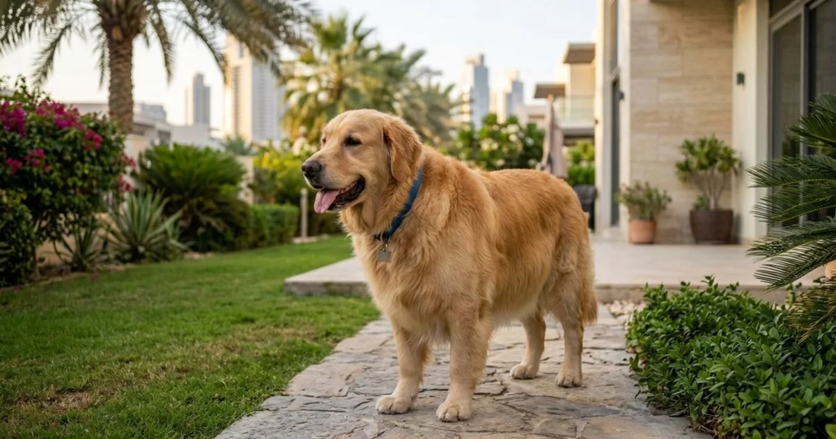 An overweight Golden Retriever standing outdoors beside a Dubai home