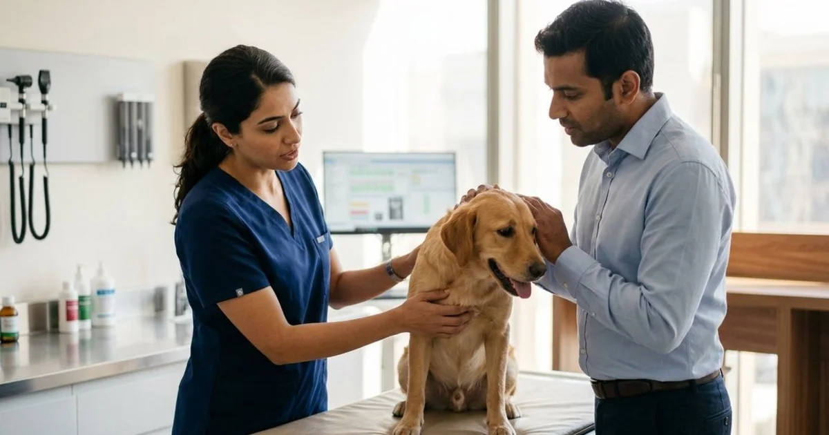 A panting dog being examined by a veterinarian with its owner present