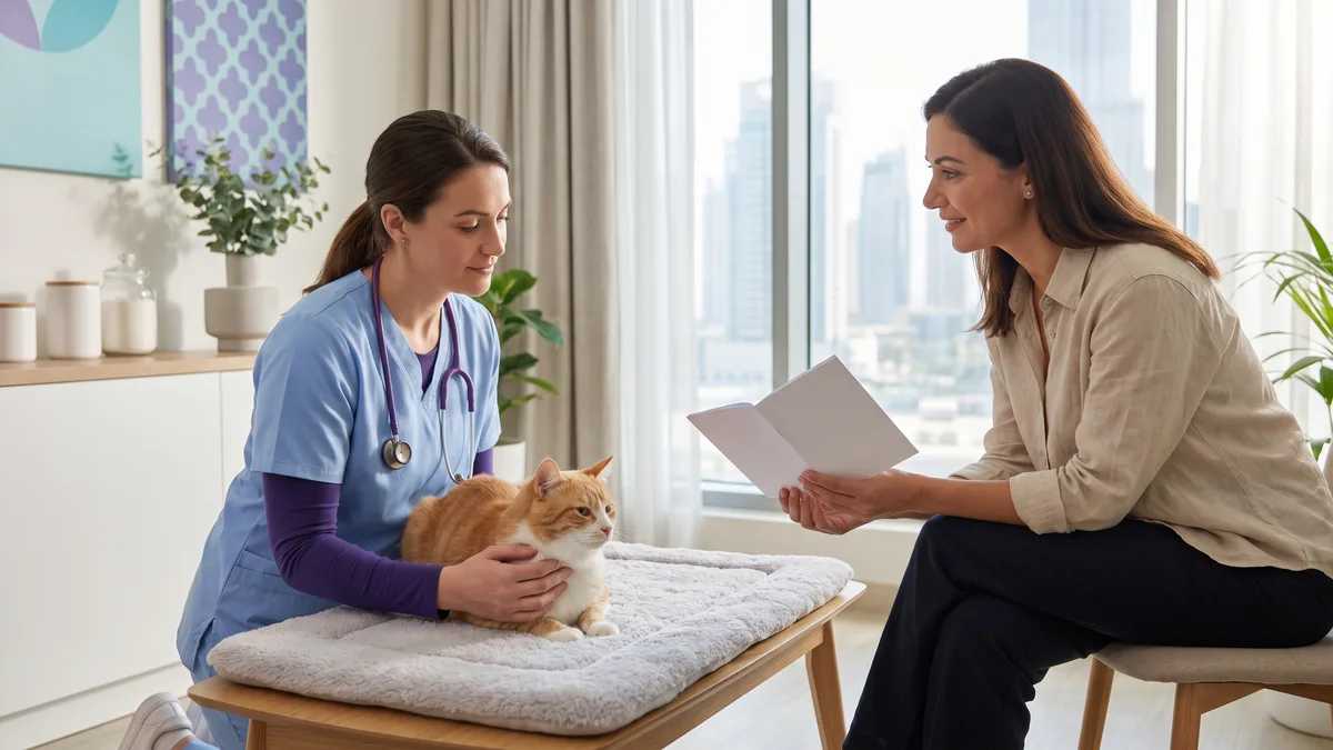 Pet-care scene illustrating vaccination schedule by life stage