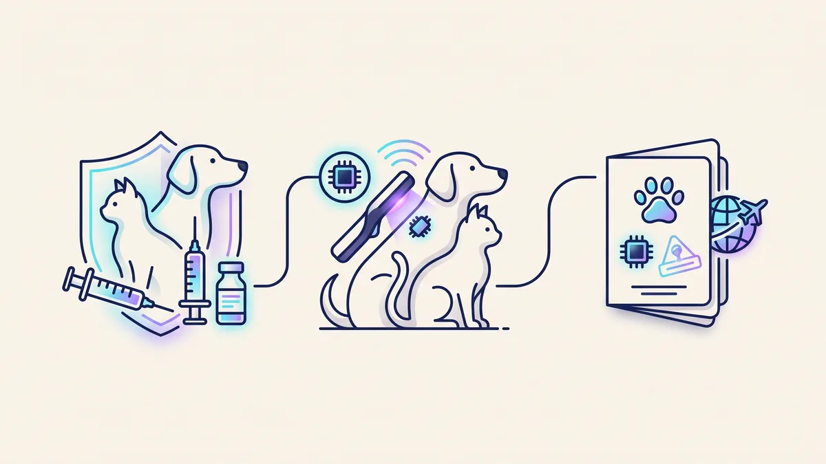Veterinary illustration explaining vaccination, microchipping and travel records