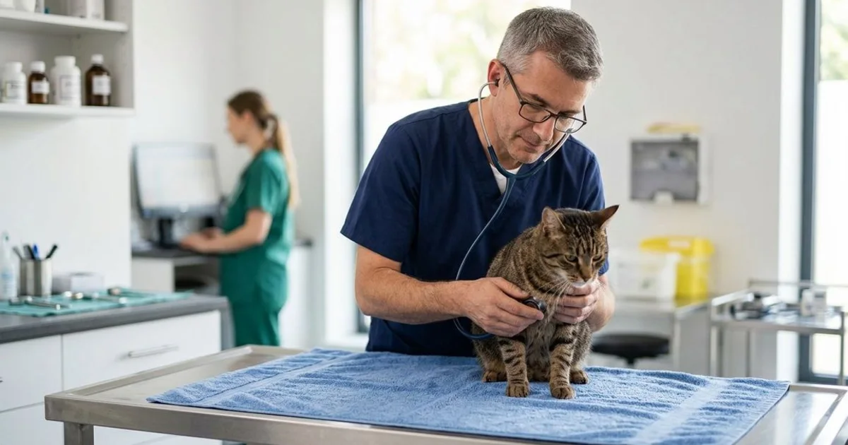 Veterinarian examining a tabby cat during a feline illness assessment