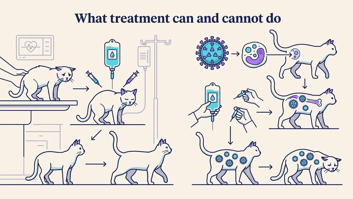Veterinary illustration explaining what treatment can and cannot do
