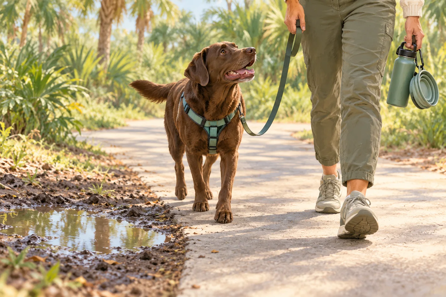 Illustration of an owner walking a dog past a puddle while carrying a water bottle and travel bowl.