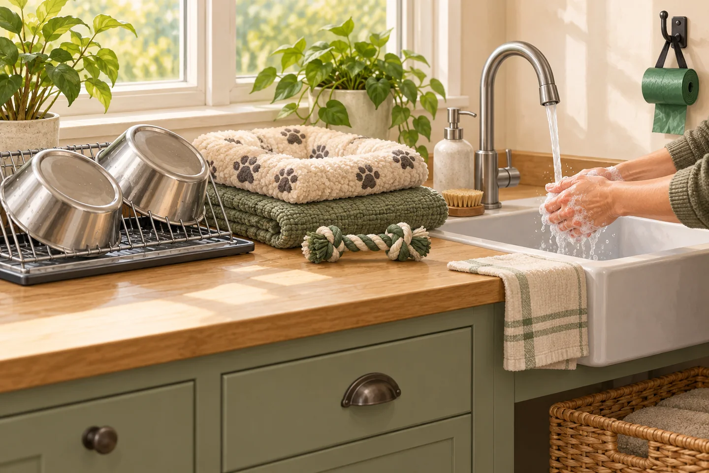 Illustration of clean dog bowls, folded bedding and a toy beside someone washing their hands.