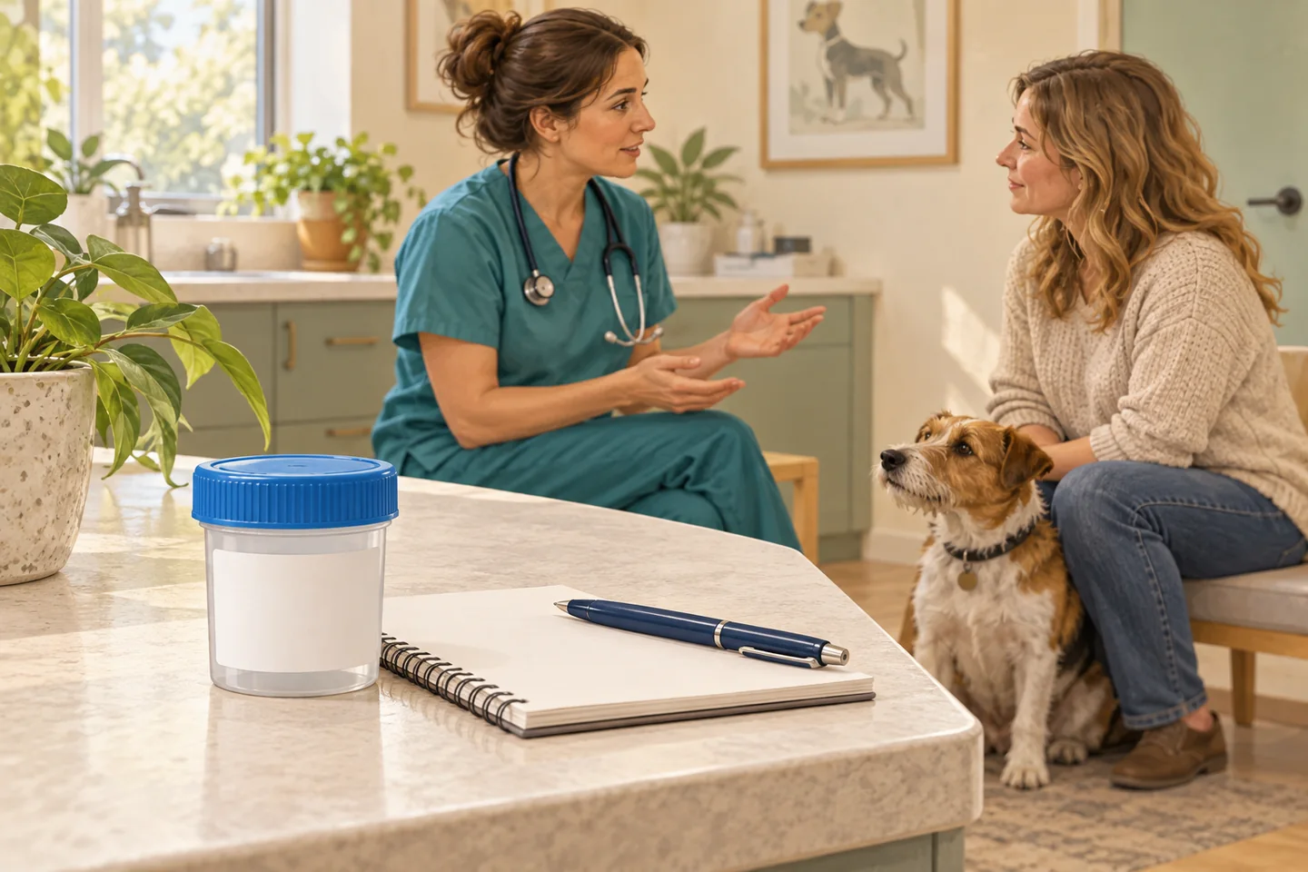Illustration of a closed sample container and notebook during a conversation between a veterinarian and dog owner.