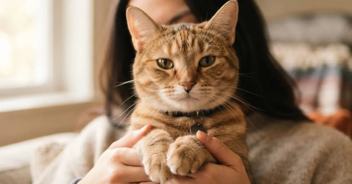 Owner calmly holding a tabby cat before a routine veterinary visit