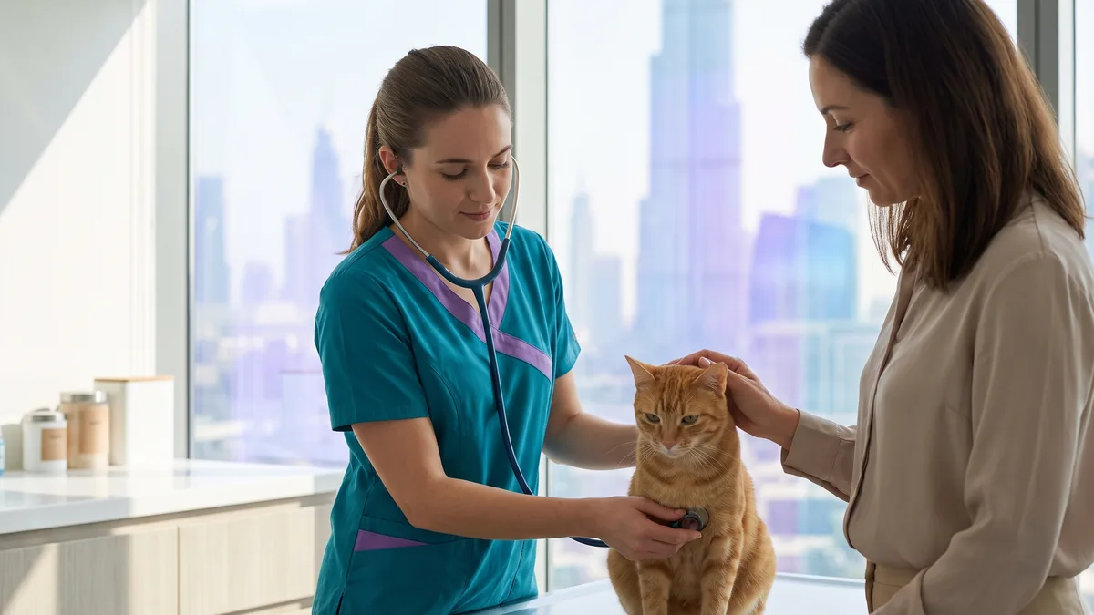 Pet-care scene illustrating what does a routine cat checkup cover?
