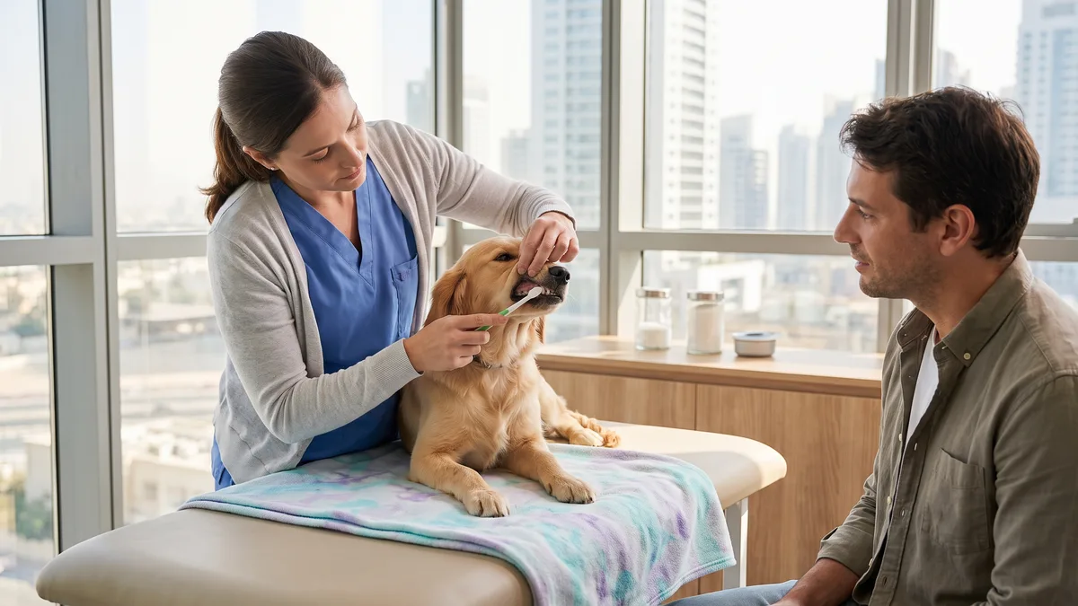 Pet-care scene illustrating how to brush dog teeth step by step