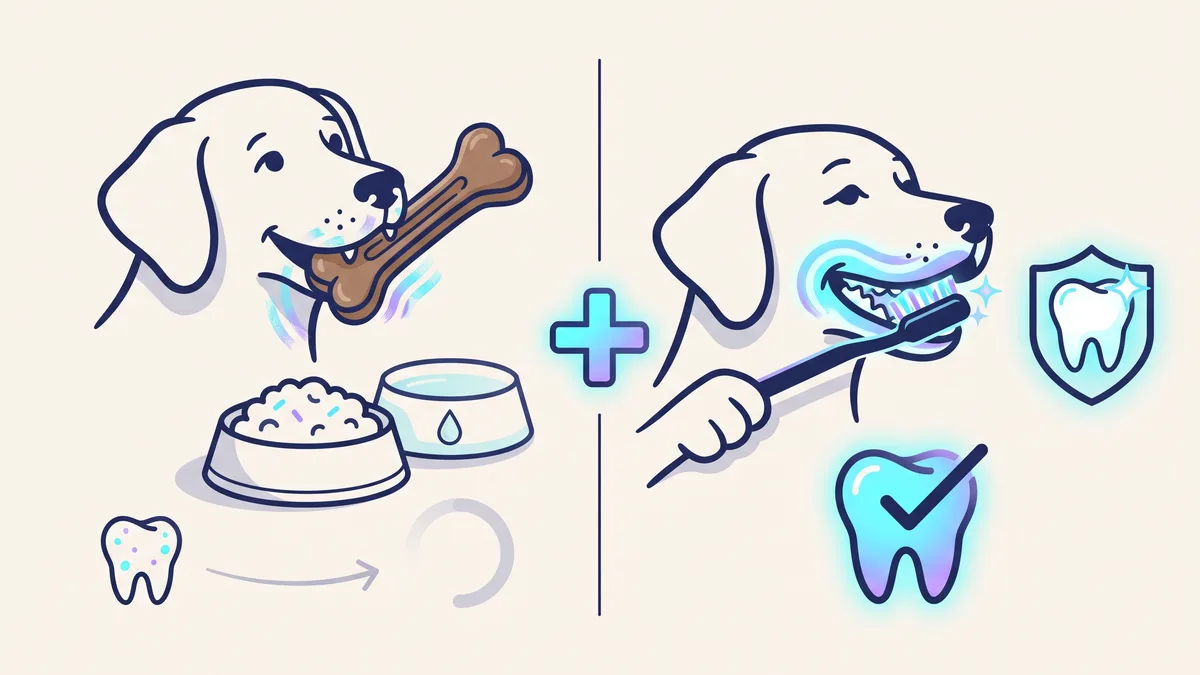 Veterinary illustration explaining can chews, food or water additives replace brushing?