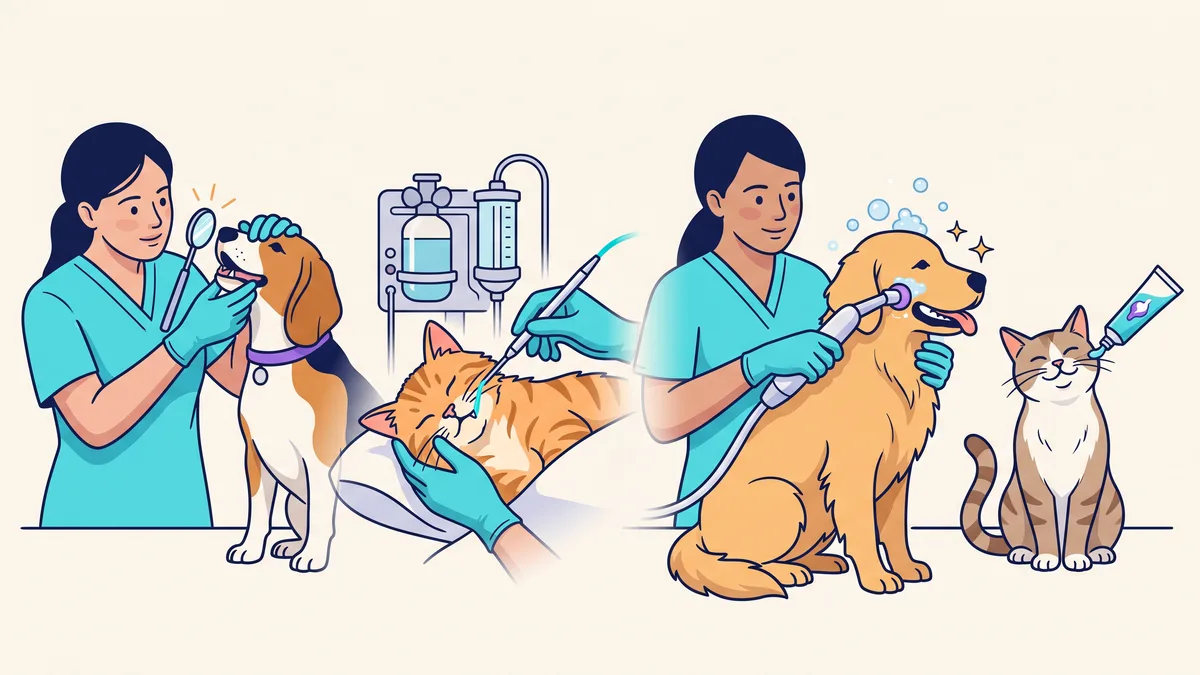 Veterinary illustration explaining what happens during professional dental care?