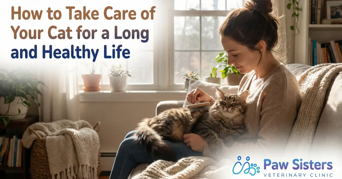 Owner gently brushing a long-haired cat as part of routine home care