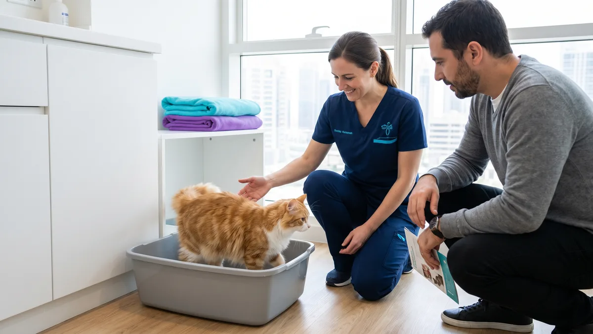 Pet-care scene illustrating build a litter setup the cat can use safely