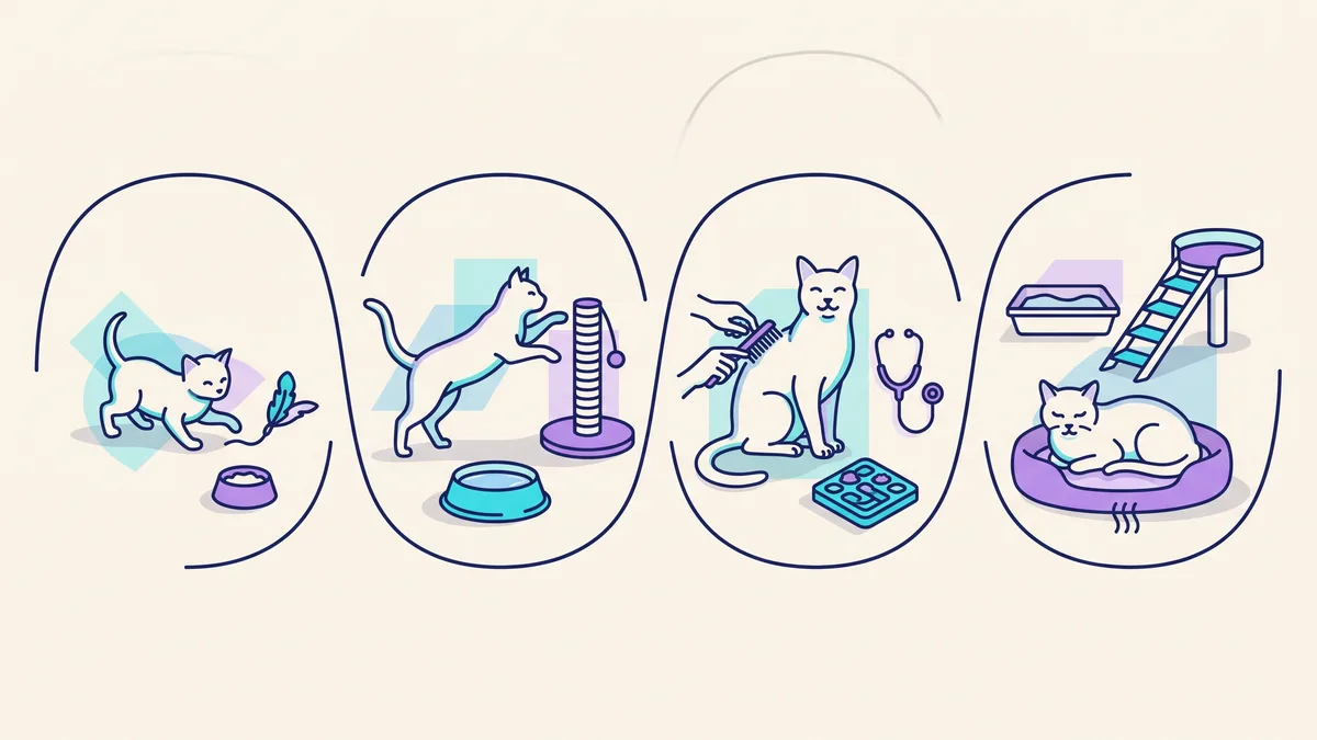 Veterinary illustration explaining how care changes by life stage
