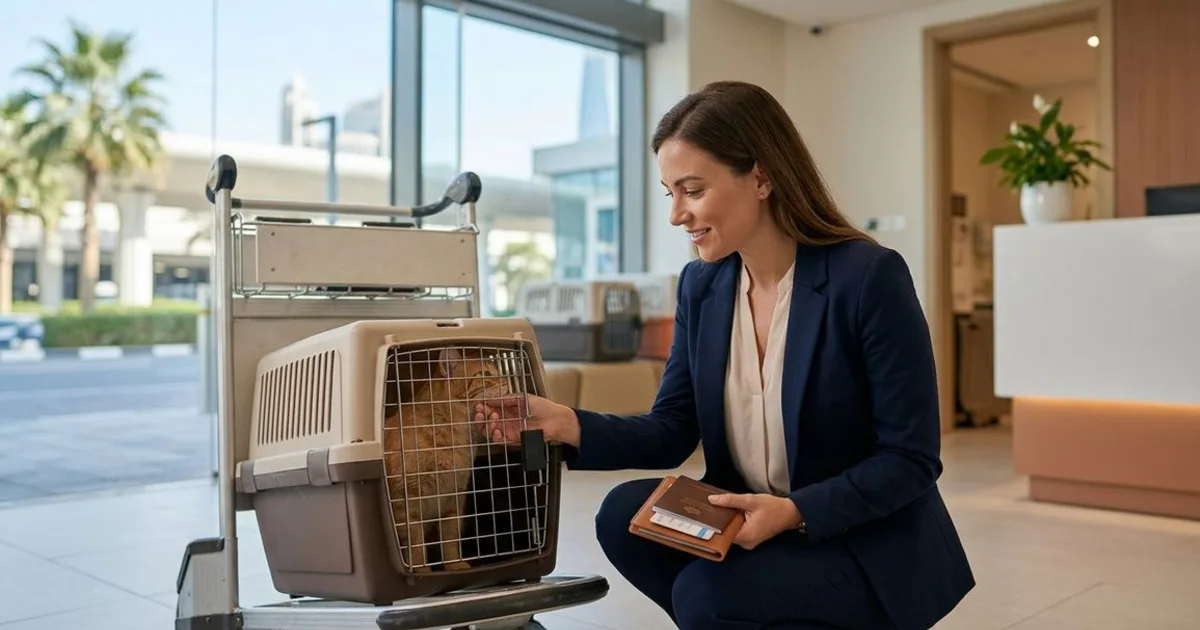 Cat in a ventilated travel carrier ready for import to Dubai