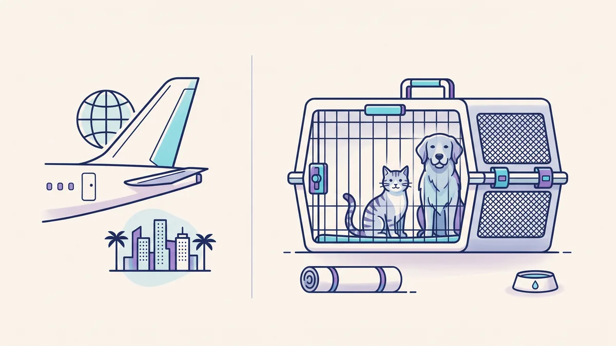 Veterinary illustration explaining step 7: book the correct flight and crate