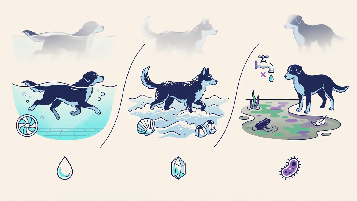 Veterinary illustration explaining pool water, sea water, and stagnant water are different