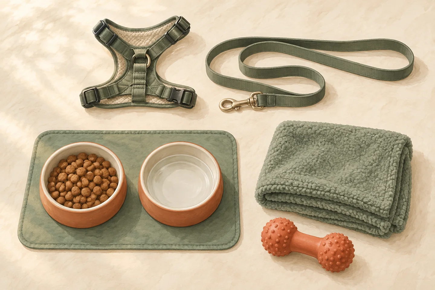 Illustration of dedicated dog bowls, a blanket, a chew toy, a harness and a lead.