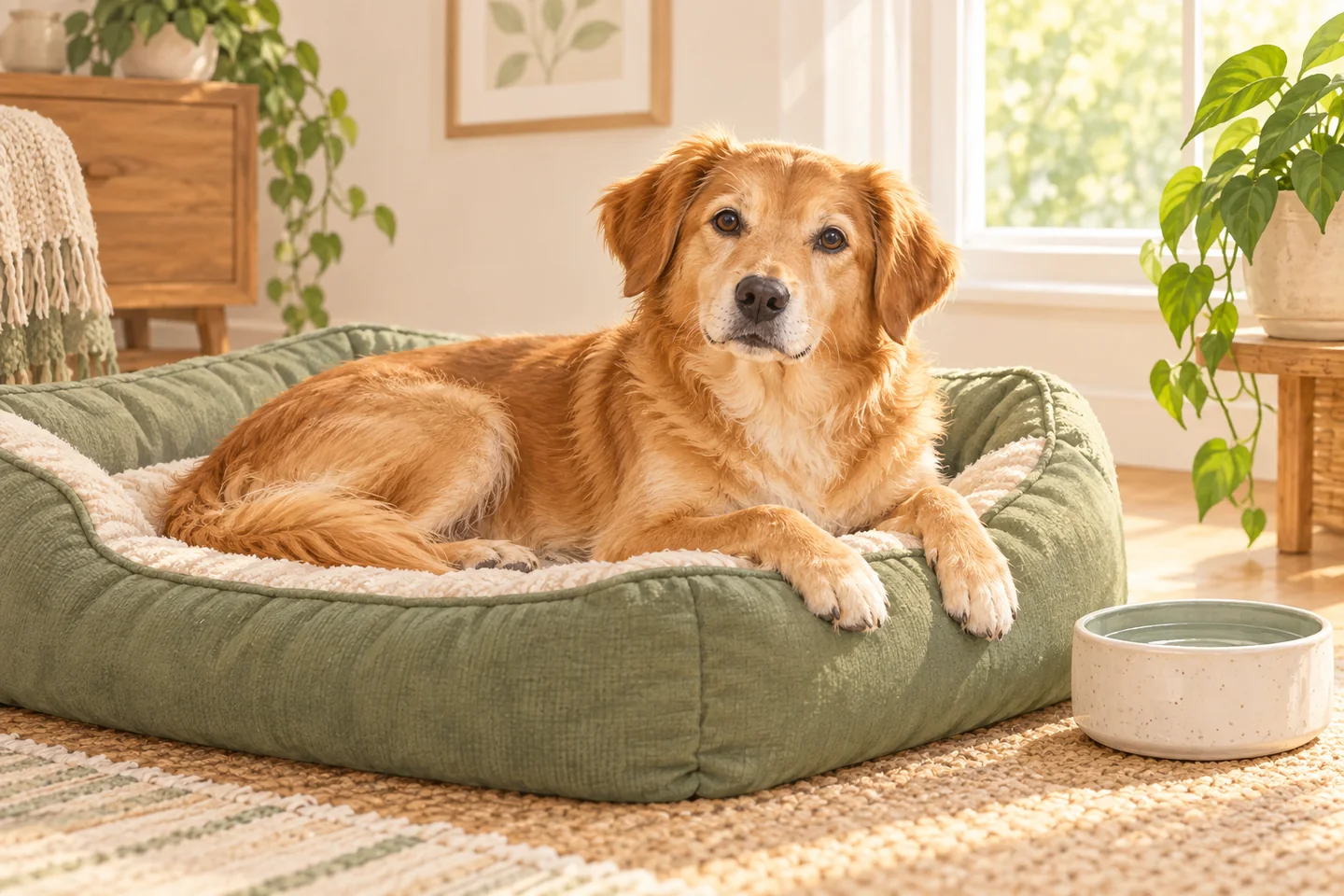 Illustration of a golden dog resting on its bed beside its own water bowl in a quiet room.