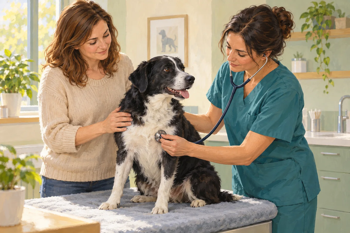 Illustration of a veterinarian examining a calm dog with a stethoscope while its owner stands beside it.
