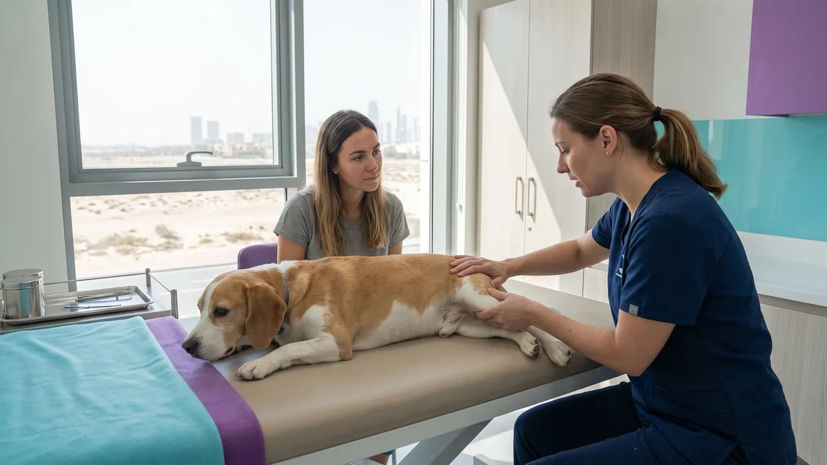 Pet-care scene illustrating what a luxating patella means in a dog
