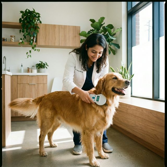Veterinarian scanning microchip on a dog to ensure pet safety