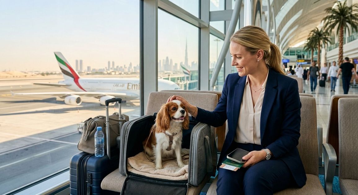 A pet with travel documents, illustrating pet travel insurance in Dubai