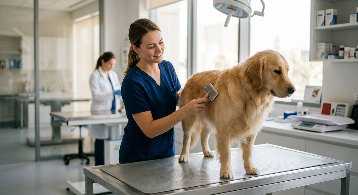 A dog being groomed by a professional at a veterinary clinic in Dubai